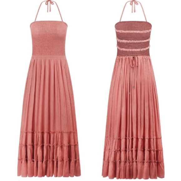 Pink Clay Maxi Halter Dress Long Tiered Full Flowy Gauze Bohemian Beach Vacation - Picture 5 of 10